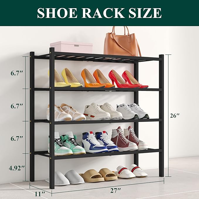 Smiry Bamboo Shoe Rack, 4 Tier Free Standing Wooden Shoe Organizer, Stackable Wood Shoe Storage Shelf for Closet, Entryway, 12 Vertical Slats, 2+2 Stack Standard Legs, 26.8"x11"x26", Black