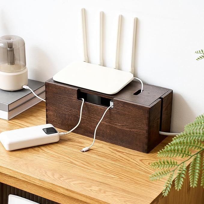 Oak Wood Cable Management Box - Large Cord Hider & Organizer with Magnetic Lid for Desk & Floor Cables in Home Office, Living Room, Bedroom (Walnut)