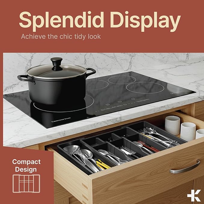 Gray Expandable Utensil Drawer Organizer 1 Pack, Adjustable 13” to 22.4”, 5 Compartment Silverware Organizer for Kitchen Utensils, Spatulas, Cutlery, and Tools, Easy to Clean, Durable, and BPA-Free