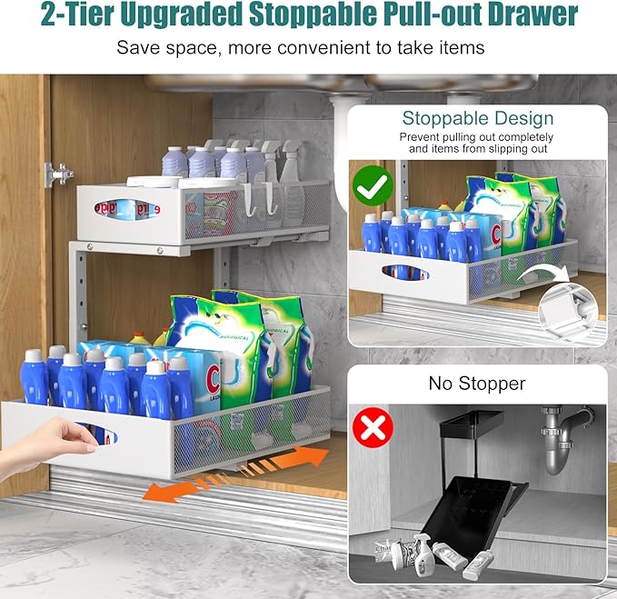 Housolution 2 Pack Large Under Sink Organizer, 2 Tier Metal Pull Out Under Sink Storage with Sliding Mesh Drawers, Height Adjustable Slide Out Under Cabinet Organizer for Kitchen Bathroom, White