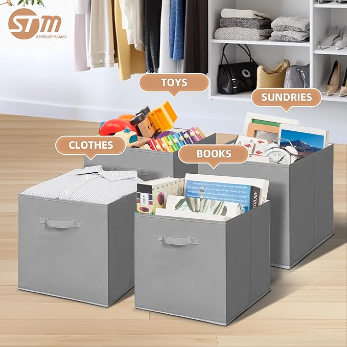 STORAGE MANIAC Storage Cubes, 13 Inch Collapsible Storage Bins with Handles, 8 Pack Fabric Foldable Bins for Organization, Durable Storage Bins for Closet, Shelves, Offices, Toys, 8-Pack Grey
