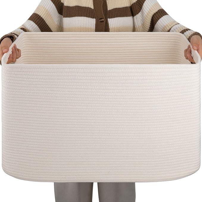 XXLarge Rectangle Blanket Basket-96L, Cotton Woven Basket for Storage, White