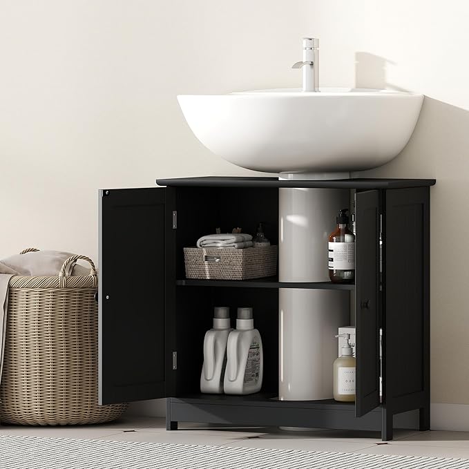 Under Sink Bathroom Cabinet, Pedestal Sink Storage Cabinet with 2 Doors, Black