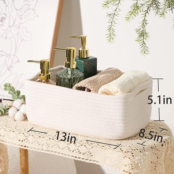MiniArk Small Storage Baskets for Organizing | Closet Organizer Bins | Shelf Toy Basket | Woven Rope Baskets | Cube Decorative Box | Shallow Basket | 13x8.5x5.1” | 3 Packs Off White