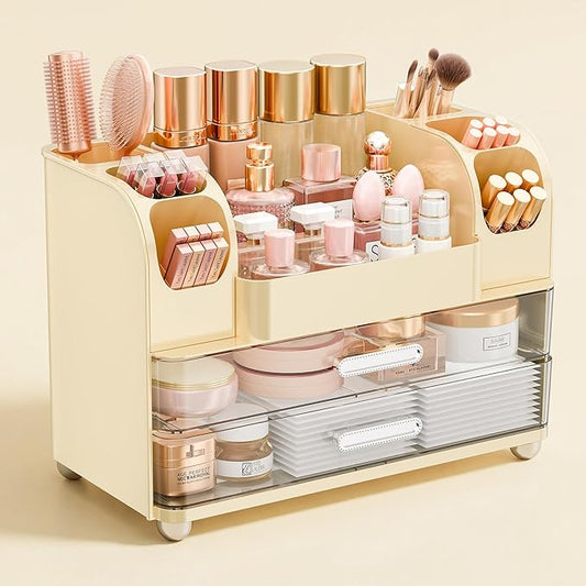 Makeup Organizer for Vanity with Brush Holder, Cream White