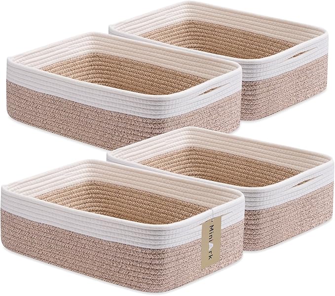 MiniArk Large Shallow Organizing Baskets 15x11x5.1 Inches - Rope Woven Storage Bins for Bathroom, Shelves, Cube Closet, White Mixed Brown 4 Packs