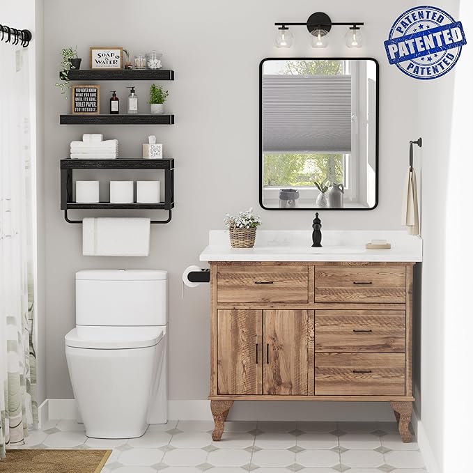 QEEIG Bathroom Shelves Over Toilet - Floating Shelf for Wall Toilet Paper Storage Farmhouse 16 inch Set of 3, Black (029-40B3)