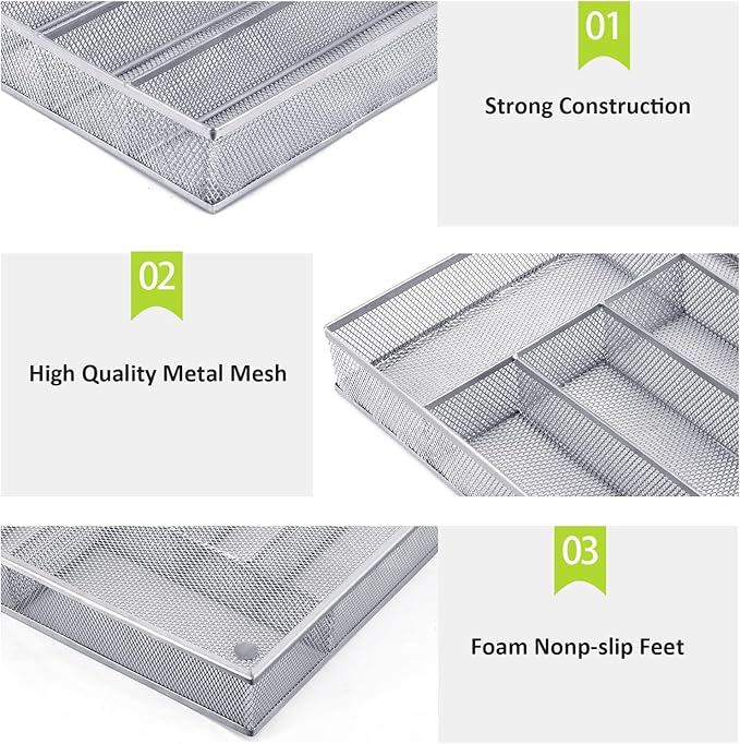 Silverware Drawer Organizer, 5 Compartment Cutlery Tray with Non-Slip Feet
