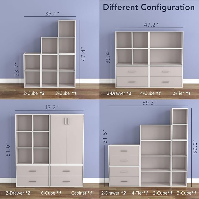 Homes: Inside + Out Apexa 6-Cube Storage Organizer Shelves, Stackable Wood Bookcase Fits Cubby Bins for Organization, Dorm Teen Room Decor & Home Office, Taupe Grey