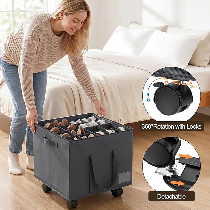 Large Shoe Organizer for Closet, Adjustable Dividers Shoe Storage Box Bins with Wheels Clear Cover Reinforced Handle Side Pocket Fits up to 16 Pairs, Foldable Shoe Organizer for Entryway Grey