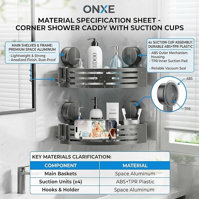Suction Cup Shower Caddy,No Drilling Corner Shower Shelves Heavy Duty,Shower Organizer with Hooks,Rustproof Waterproof Space Aluminum Bathroom Storage,Home Accessories Decor