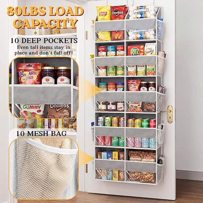 2 Pack Over The Door Organizer 5 Tiers, Extra Large Behind Door Storage of 10 Compartments, 80 lbs Weight Capacity Over Door Organizer, Door Hanging Organizer for Closet, Diaper Organizer, Light Gray