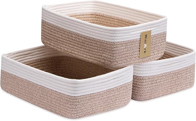 Large Shallow Organizing Baskets 15x11x5.1 Inches, White Mixed Brown 3 Packs