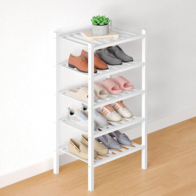 Smiry Bamboo Shoe Rack for Closet, 5 Tier Small Wooden Shoe Organizer, Stackable Wood Shoe Storage Shelf for Entryway, 14 Vertical Slats, 2+3 Stack Heavy-Duty Legs, 17.32"x11.02"x31.3", White