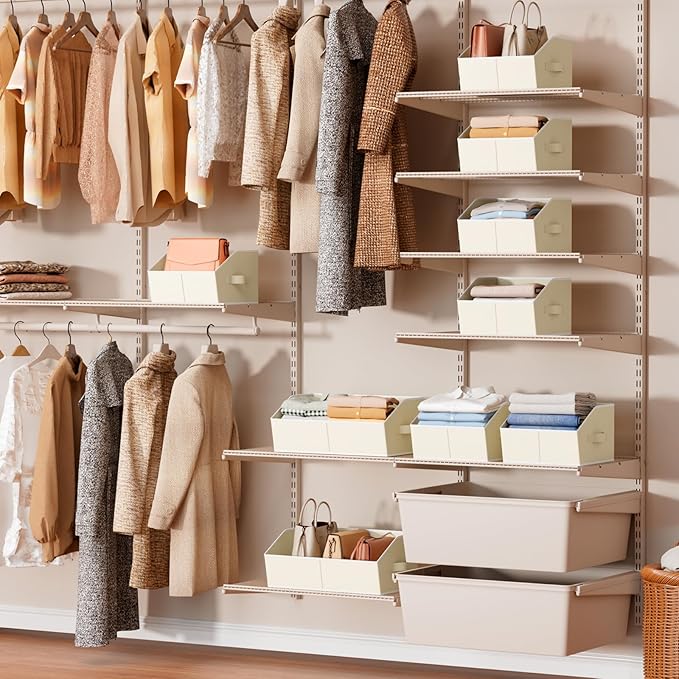 Homsorout Trapezoid Closet Shelf Organizer - Large Baskets for Organizing, Fabric Storage Box for Shelves, Cube Storage Bins for Clothes, Books, Blankets, 3 Pack, Beige