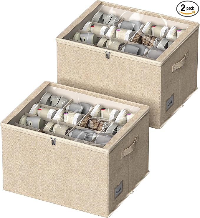 Shoe Organizer for Closet, 2 Pack Foldable Shoe Storage Box with Clear Cover and Adjustable Dividers, Stackable Storage Bins for Boots, Fits up to 32 Pairs (Beige, 19.7 × 15.7 × 12.6 in)