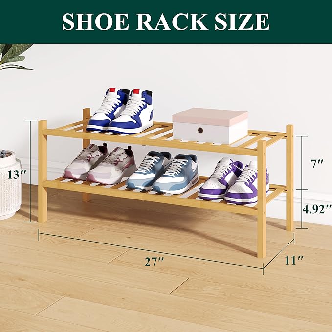 Bamboo Shoe Rack for Closet, 2 Tier Wooden Shoe Organizer, Natural