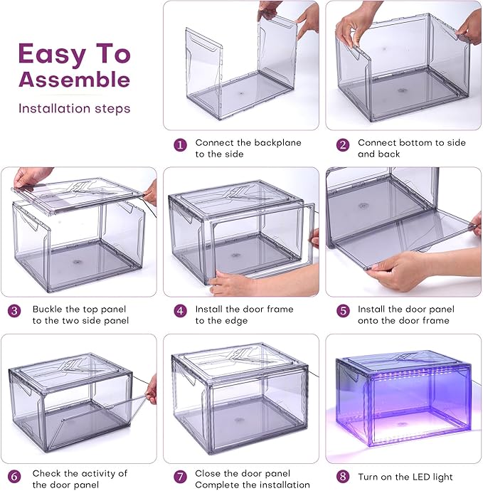 Oltraman Shoe Storage Organizer for Closet, Foldable Shoe Boxes Rack 2 pack, Clear Plastic Stackable Containers Bins Holder, Magnetic Sneaker Shelf for Sneakerheads with LED Lights Grey