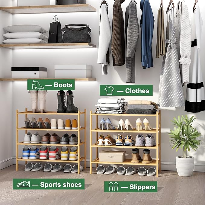 kiplant 4-Tier Shoe Rack for Entryway, Bamboo Wood Shoe Rack 4-Tier, Stackable Shoe Organizer for Closet, Free Standing Shoe Racks for Indoor & Outdoor
