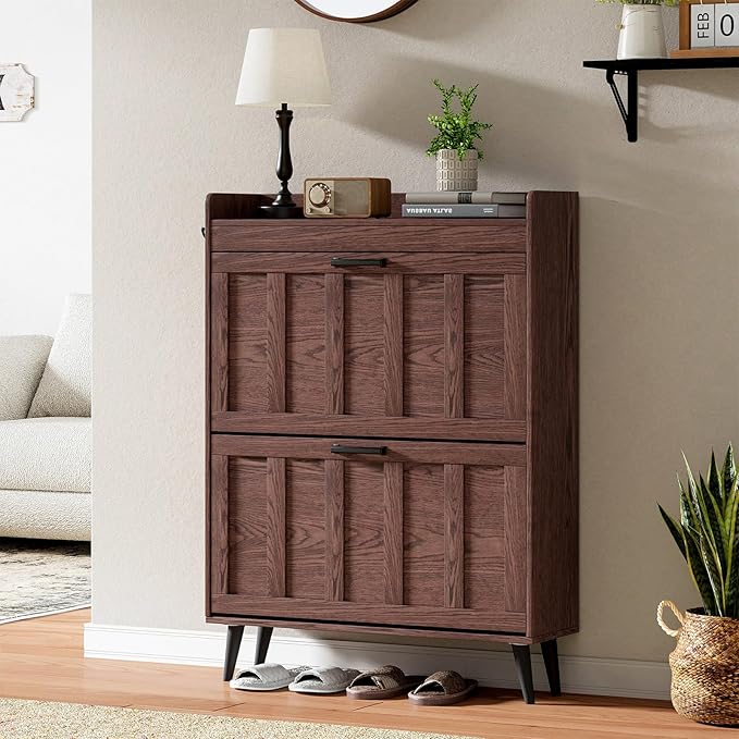ChooChoo Shoe Storage Cabinet with 2 Flip Drawers, Freestanding Hidden Slim Narrow Shoe Rack Cabinet, Farmhouse Shoe Organizer Storage for Entryway, Walnut