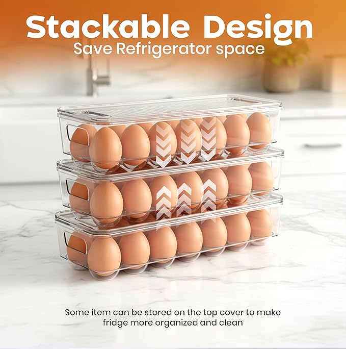Utopia Home Egg Container With Lid and Handle for Refrigerator - Pack of 3 - Clear Stackable Egg Holder for Kitchen Storage and organization