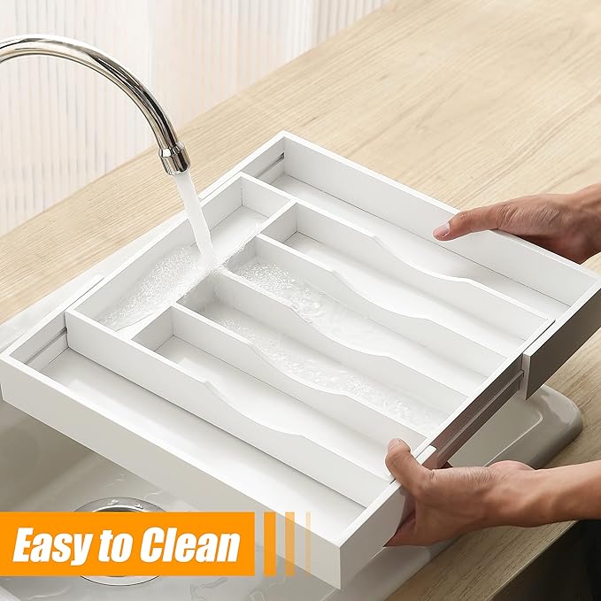 White Silverware Organizer Kitchen Drawer Organizer Expandable Bamboo Utensil