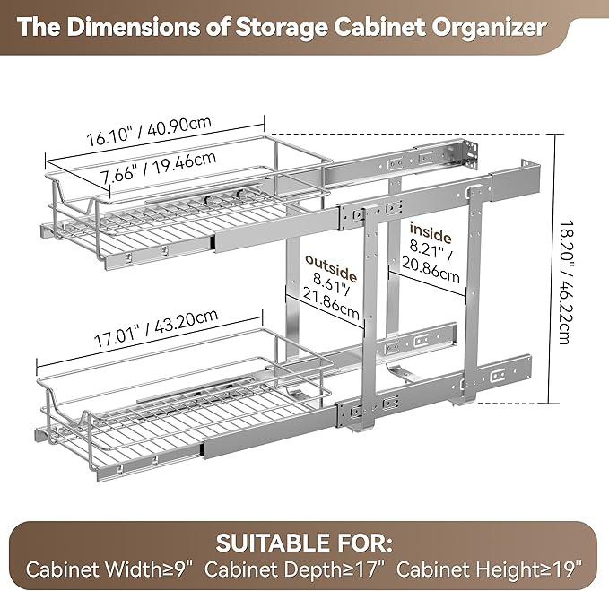 2 Tier Pull Out Cabinet Organizer 9" W X 17" D
