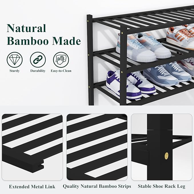Smiry Bamboo Shoe Rack, 6 Tier Free Standing Wooden Shoe Organizer, Stackable Wood Shoe Storage Shelf for Closet, Entryway, 14 Vertical Slats, 2+2+2 Stack Heavy-Duty Legs, 26.8"x11"x39", Black