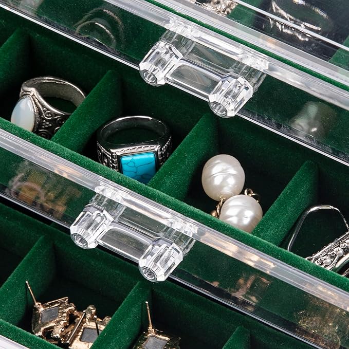 Frebeauty Acrylic Jewelry Organizer Earring Organizer Box with 5 Drawers Earring Holder Organizer with Velvet Trays Clear Jewelry Box for Women Earring Display for Rings Studs(Blackish Green)