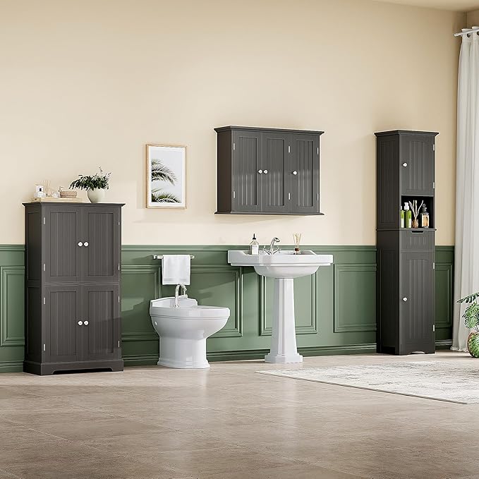 Bathroom Wall Cabinet with 3 Doors, Laundry Cabinet Wall Mounted, Black