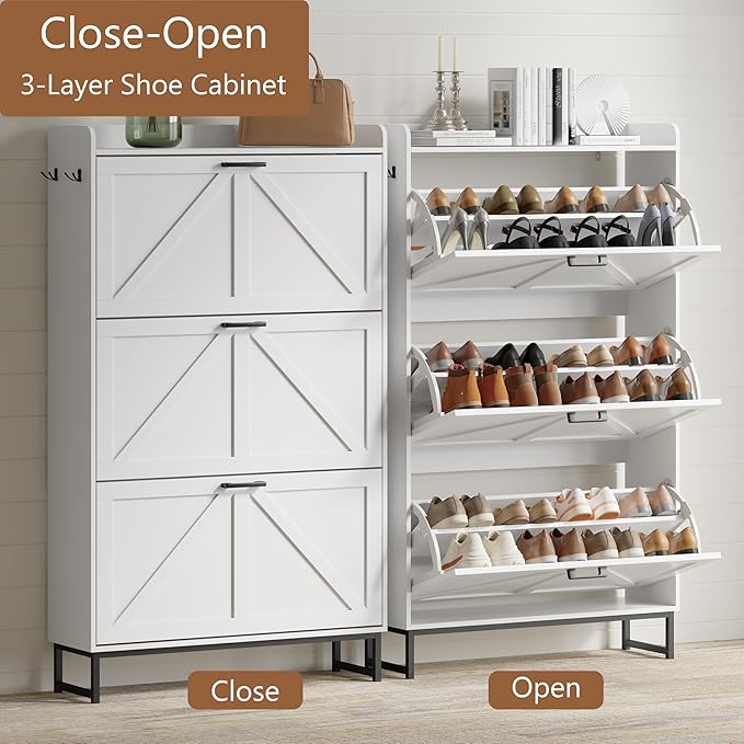 Shoe Cabinet with 3 Flip Drawers, Freestanding Hidden Shoe Storage Organizer for Entryway, Narrow Slim Shoe Rack Cabinet with Open Storage & Hooks for Front Door Entrance, Living Room, Hallway, White