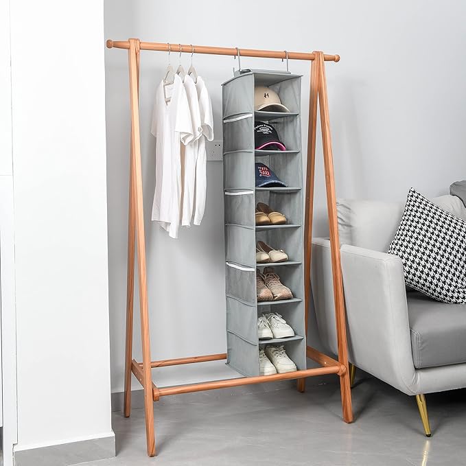 Berdeng Hanging Shoe Organizer for Closet with Side Mesh Pockets，Hat Racks for Baseball Caps，Shoe and Hat Holder & Storage，8-Shelf，Gray，1 Pack