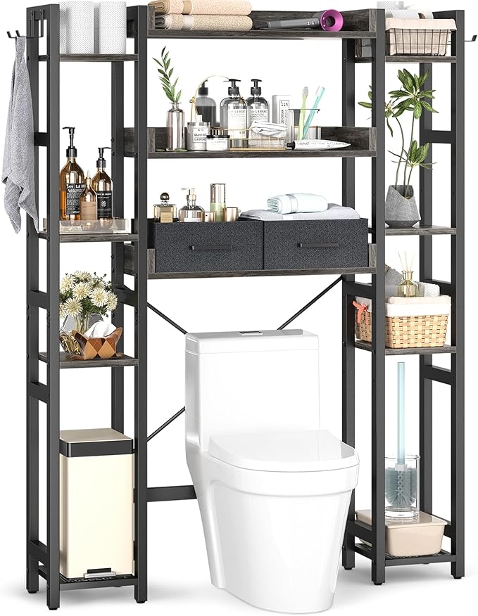 Besiost Over The Toilet Storage with 2 Drawers - 11 Tier Bathroom Organizer Freestanding Space Saver Storage Rack with Adjustable Shelf Above Toilet Stand with 4 Hooks for Restroom, Laundry, Grey Oak