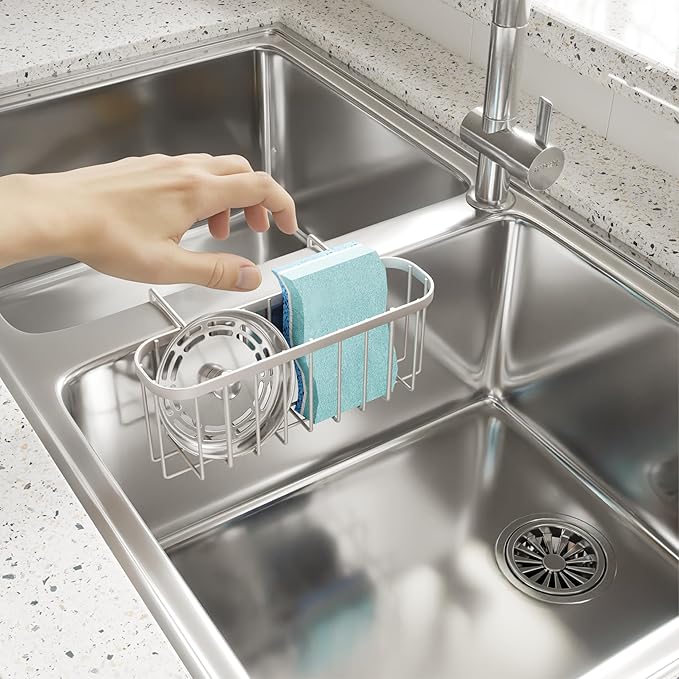 SWTYMIKI Sponge Holder for Kitchen Sink with Partition, Movable Kitchen Sink Caddy with Compact Size Rustproof and Waterproof Hanging Sponge Caddy for Double Bowl Sinks,Sand Nickel
