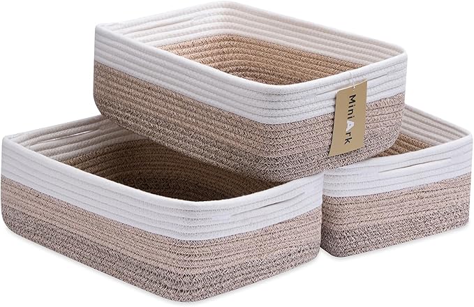 MiniArk Large Shallow Organizing Baskets 15x11x5.1 Inches - Rope Woven Storage Bins for Bathroom, Shelves, Cube Closet, Gradient Brown 3 Packs