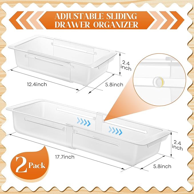 2 Pack Deep Drawer Organizer Bins, 12.4" to 18”