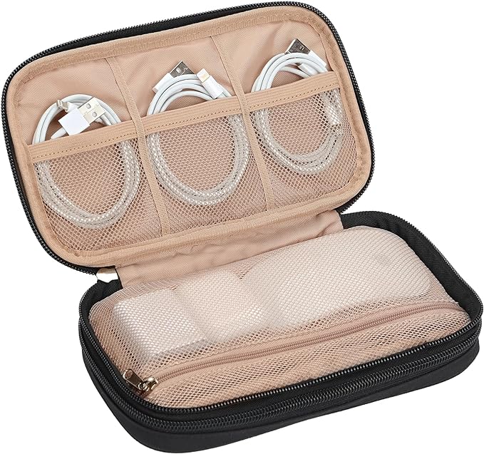 NISHEL Travel Cord Organizer Case, Double Layers Tech Electronic Bag, Essentials for Charger, Cable, Phone, Flash drive, Medium, Black
