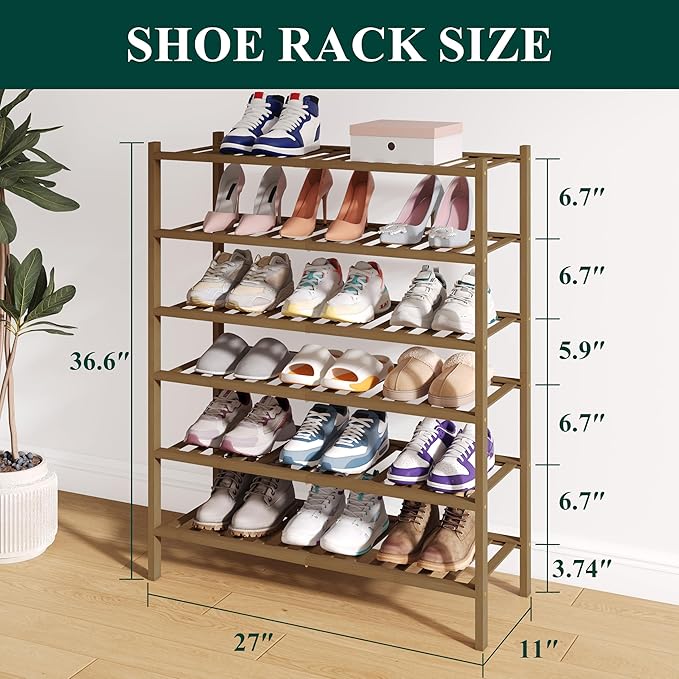 Bamboo Shoe Rack for Closet, 6 Tier Wooden Shoe Organizer, Walnut