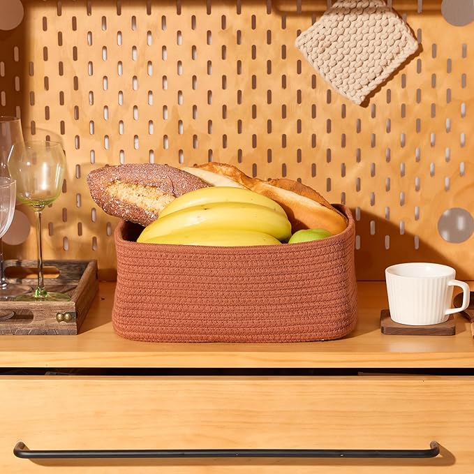 MiniArk Small Storage Baskets for Organizing | Closet Organizer Bins | Shelf Toy Basket | Woven Rope Baskets | Cube Decorative Box | Shallow Basket | 11.5x7.5x4.7” | 4 Packs Oxide Red