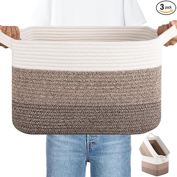 Woven Storage Basket, Cotton Rope Baskets for Toys, Towel, Gradient Dark Brown