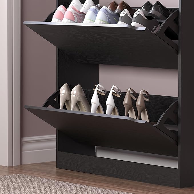 Shoe Cabinet with 3 Flip Drawers & Coat Rack, Narrow Hidden Shoe Storage Cabinet