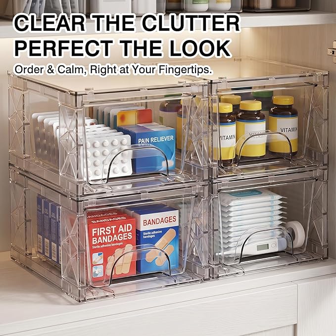 OUTUXED Under Bathroom Sink Organizer Stackable Storage Drawers 4.4in Small Acrylic Medicine Cabinet Bins, Simply Assembled Box Containers for Cosmetics, Bathroom, Kitchen, Snack(4 Pack)