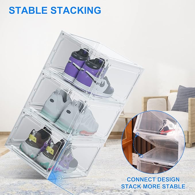 HIYOHIYO Size 14 Shoe Boxes Clear Plastic Stackable, Sneaker Containers Magnetic Shoes Storage Box Foldable Drop Front Organizer Shoes Cases for Home Display Bins 1 Pack (14.2"x 11"x 7.9")