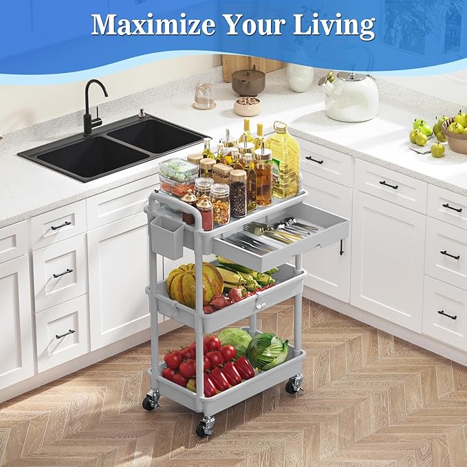 3 Tier Rolling Cart with Drawer, Gray