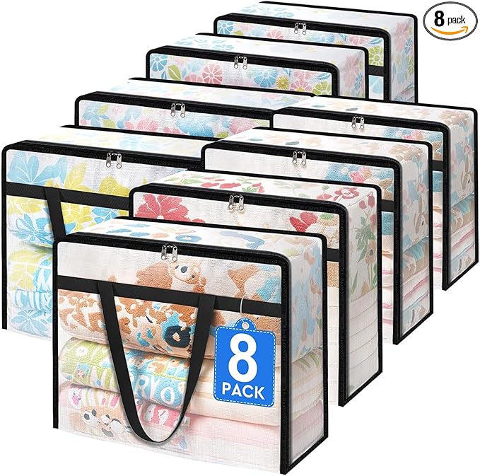 BlissTotes 8 Pack Clear Clothes Storage Bags, Moving Bags, Foldable Blanket Storage Under Bed Storage Containers with Sturdy Zipper and Handle for Clothing, Comforter, Bedding, Sheet (40L)