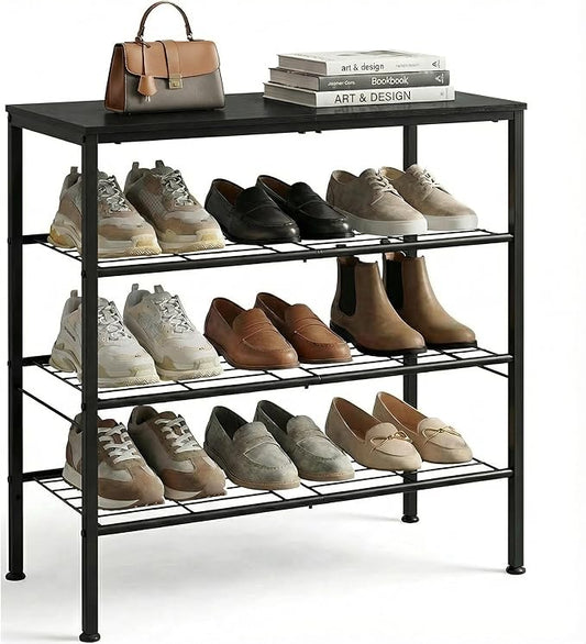 4-Tier Shoe Rack for Entryway, Bedroom & Living Room – Sturdy Shoe Storage Organizer with Adjustable Leveling Feet, Compact Design (26.9”x 11.8”x 25.1”), Black