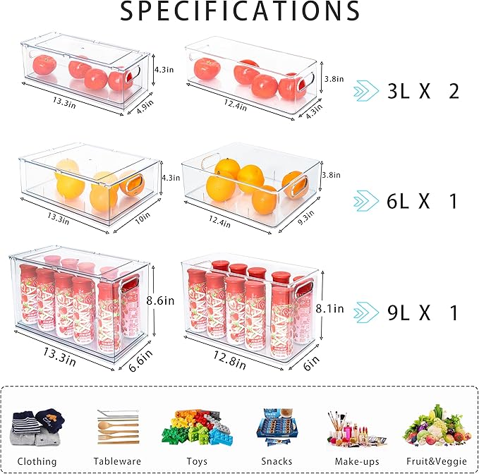 4 pack Stackable Fridge Drawers Pull-Out Bins Divided Produce Saver Containers