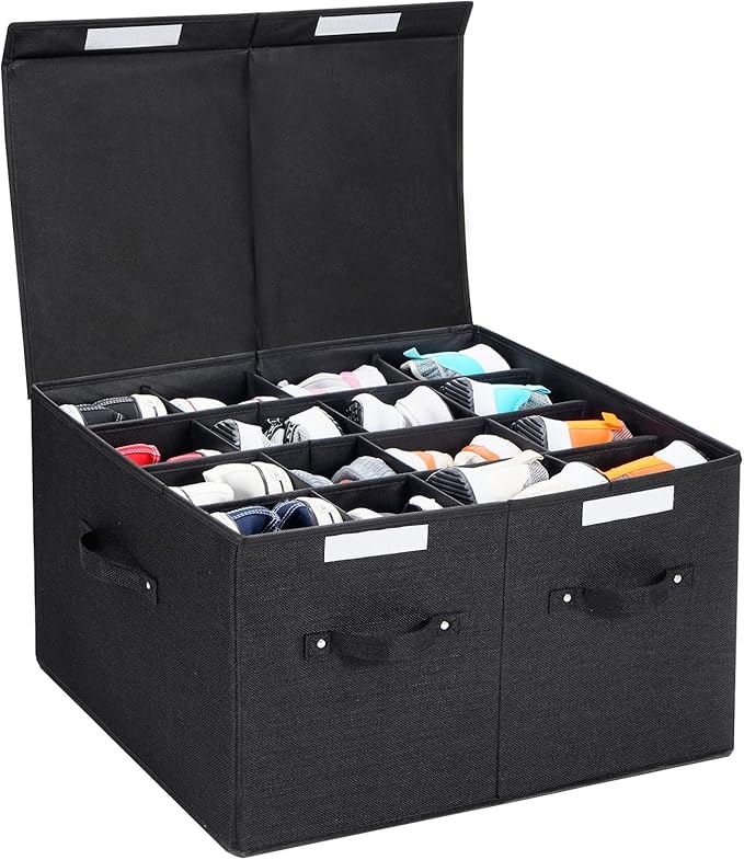 Shoe Organizer for Closet, Foldable Shoe Storage Box with Adjustable Dividers, Large Space Saving Shoe Storage Container Fits up to 16 Pairs with Reinforced Handles (Black)