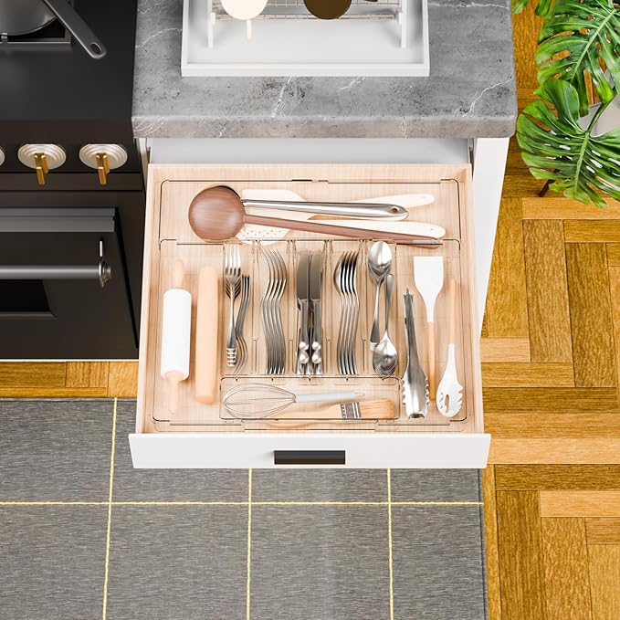 Clear Large Expandable Silverware Organizer and Kitchen Utensil Drawer Organizer