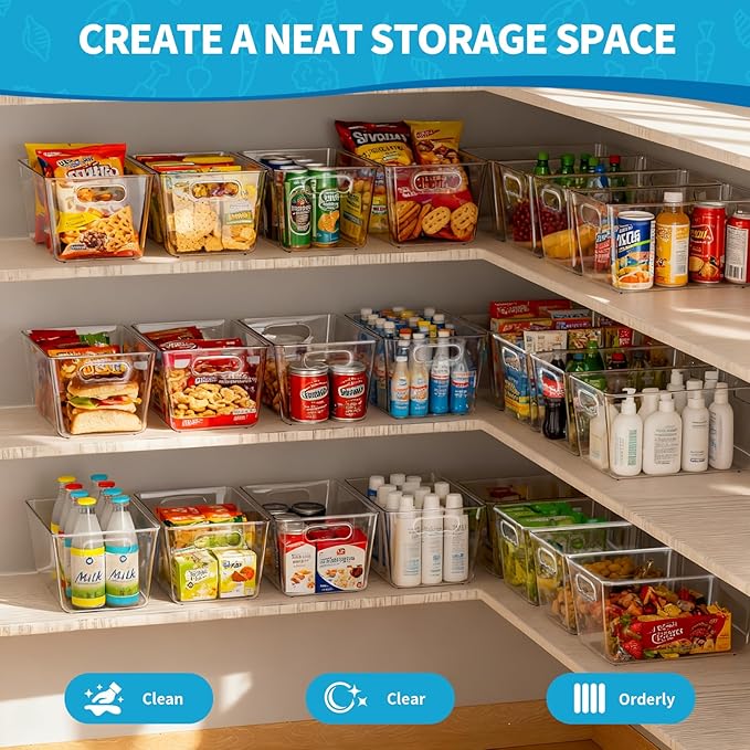 Clear Plastic Storage Bins, 4-Pack Stackable Pantry Organizers and Storage Containers for Kitchen, Fridge, Cabinet and Closet Organization - Home Essentials
